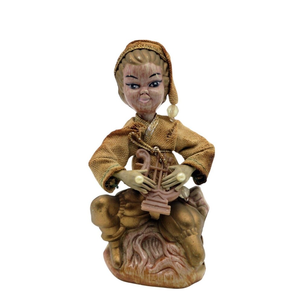 Vintage 1960s Tilso Golden Fantasy Pixie Elf Figurine Harp Hong Kong 4.5"